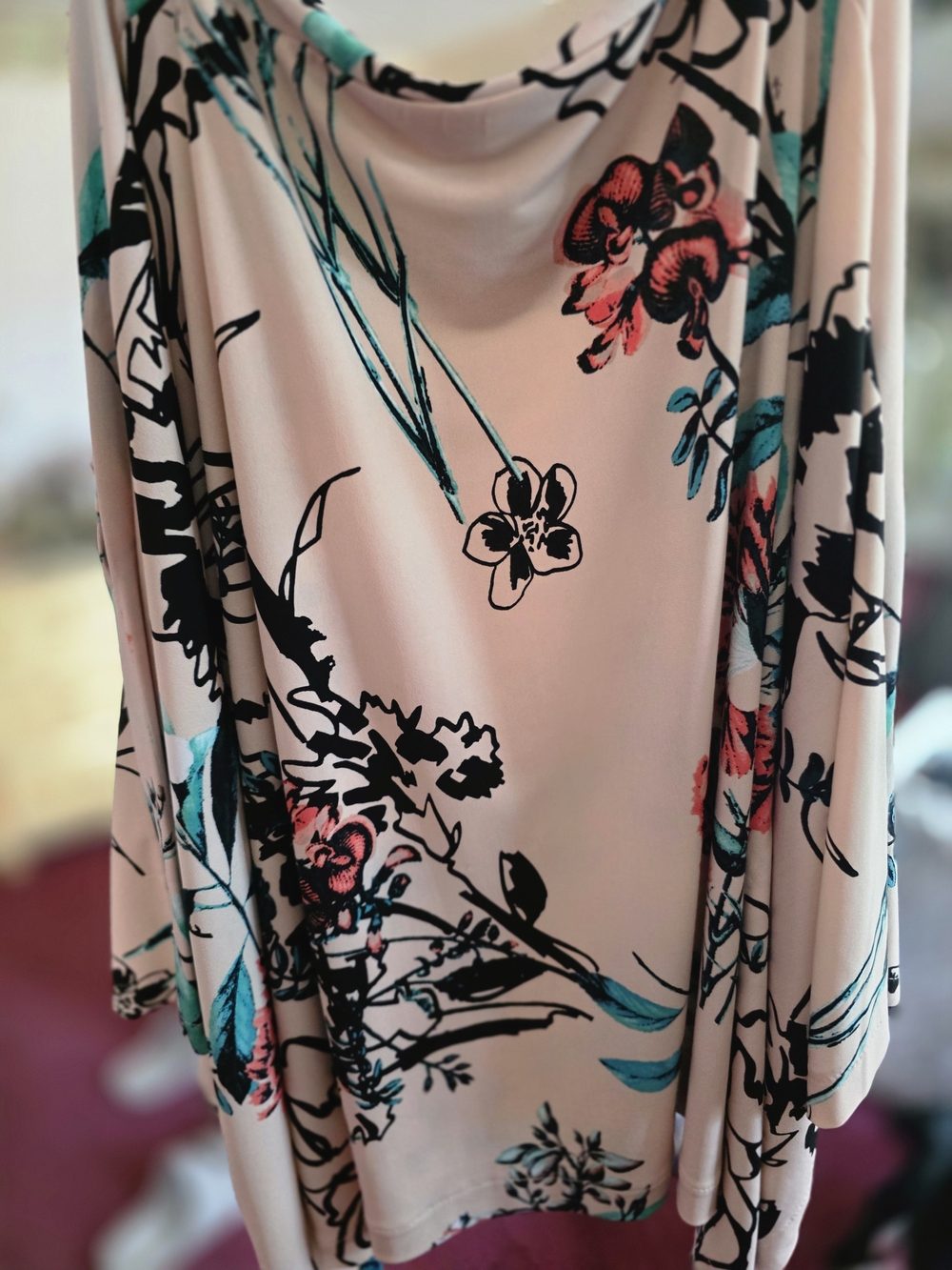 ECI Blush Pink Floral Long Sleeve Top with Teal & Black Accents